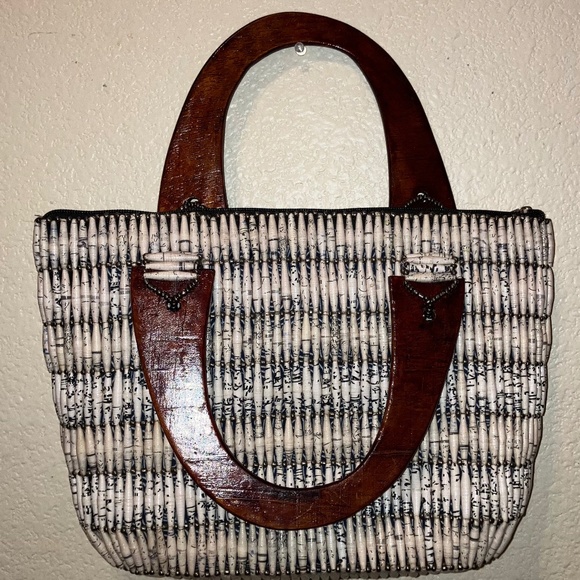 Fabric Wood and Paper Bead Tote handbag